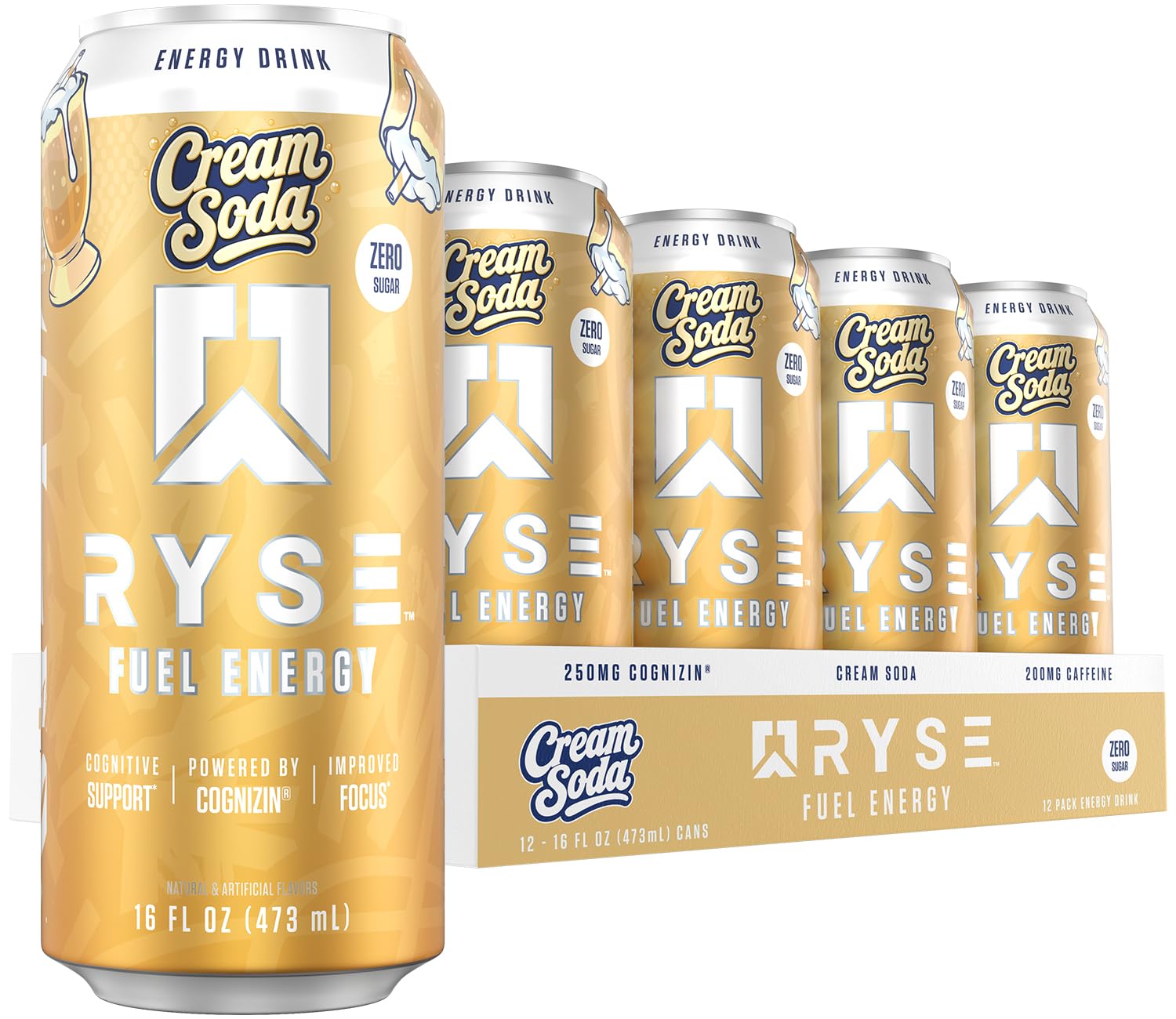 RYSE Up Supplements front can showing cream soda flavor and benefits