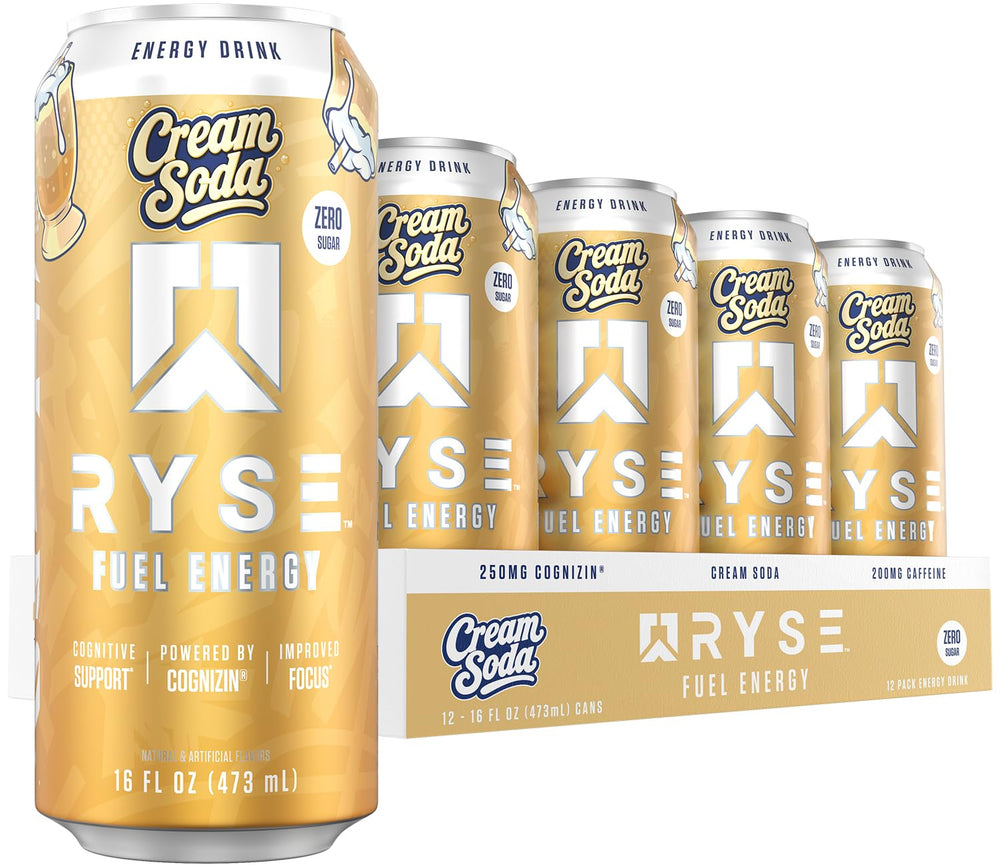 RYSE Up Supplements front can showing cream soda flavor and benefits