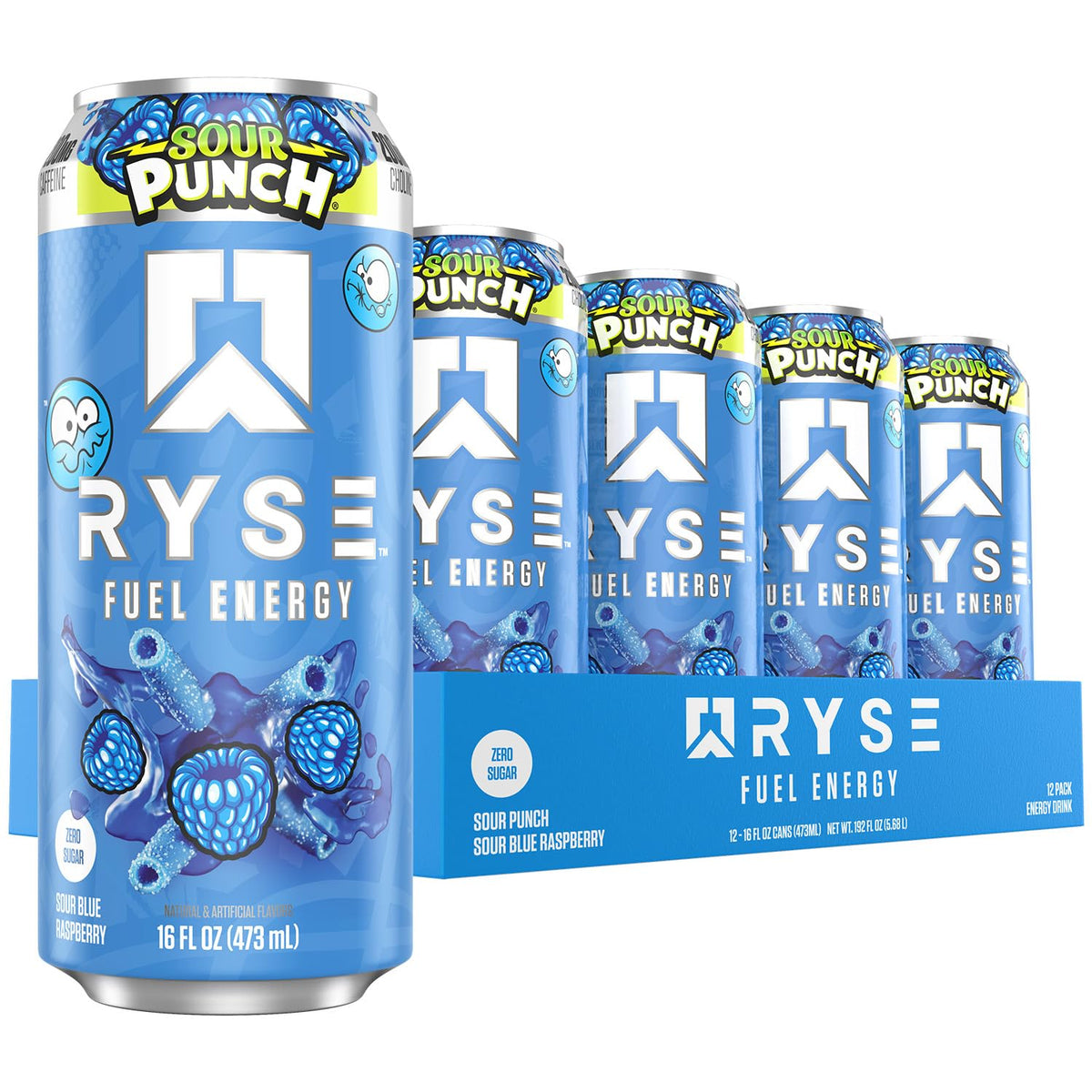 RYSE Up Supplements front can showing sour punch blue raspberry flavor and clean energy benefit