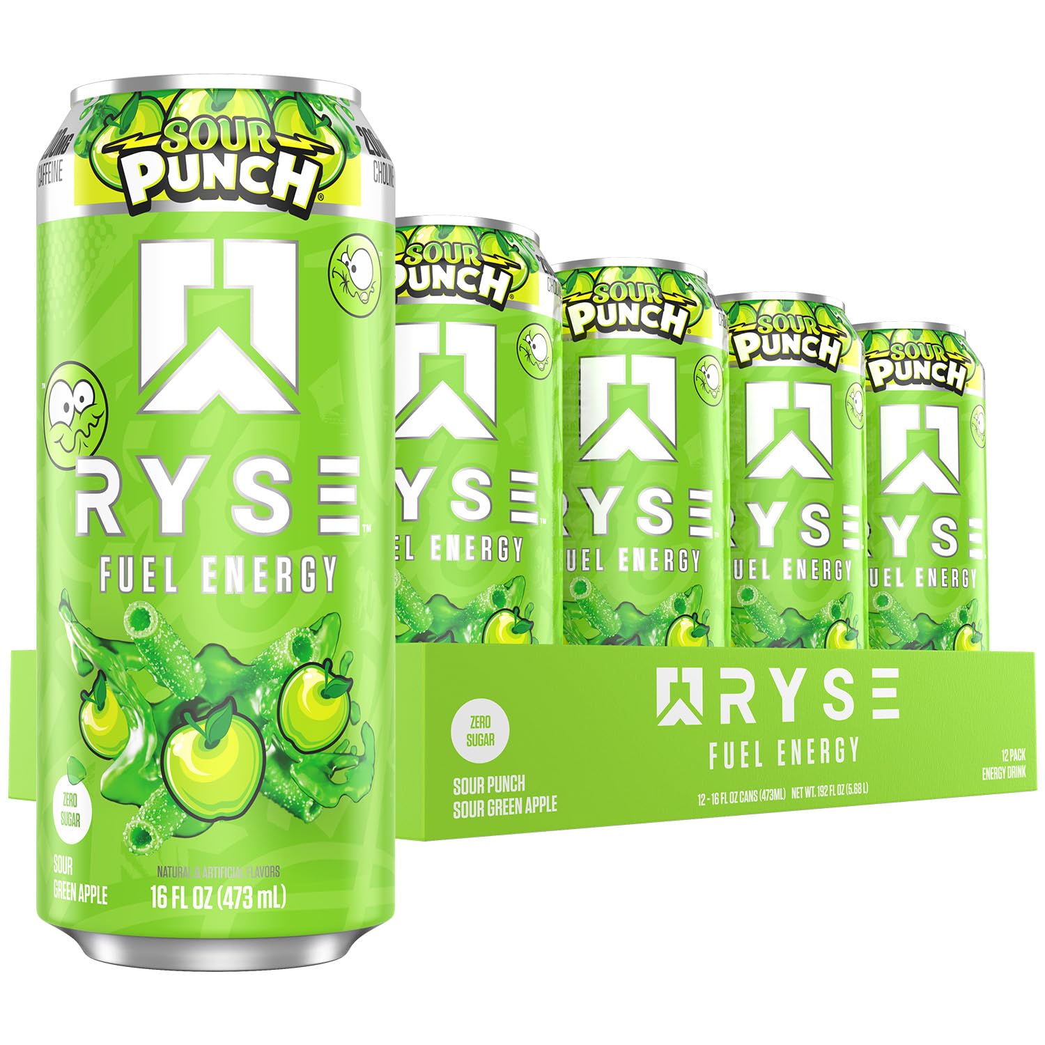 RYSE Up Supplements front can showing sour punch green apple flavor and bold branding benefits energy