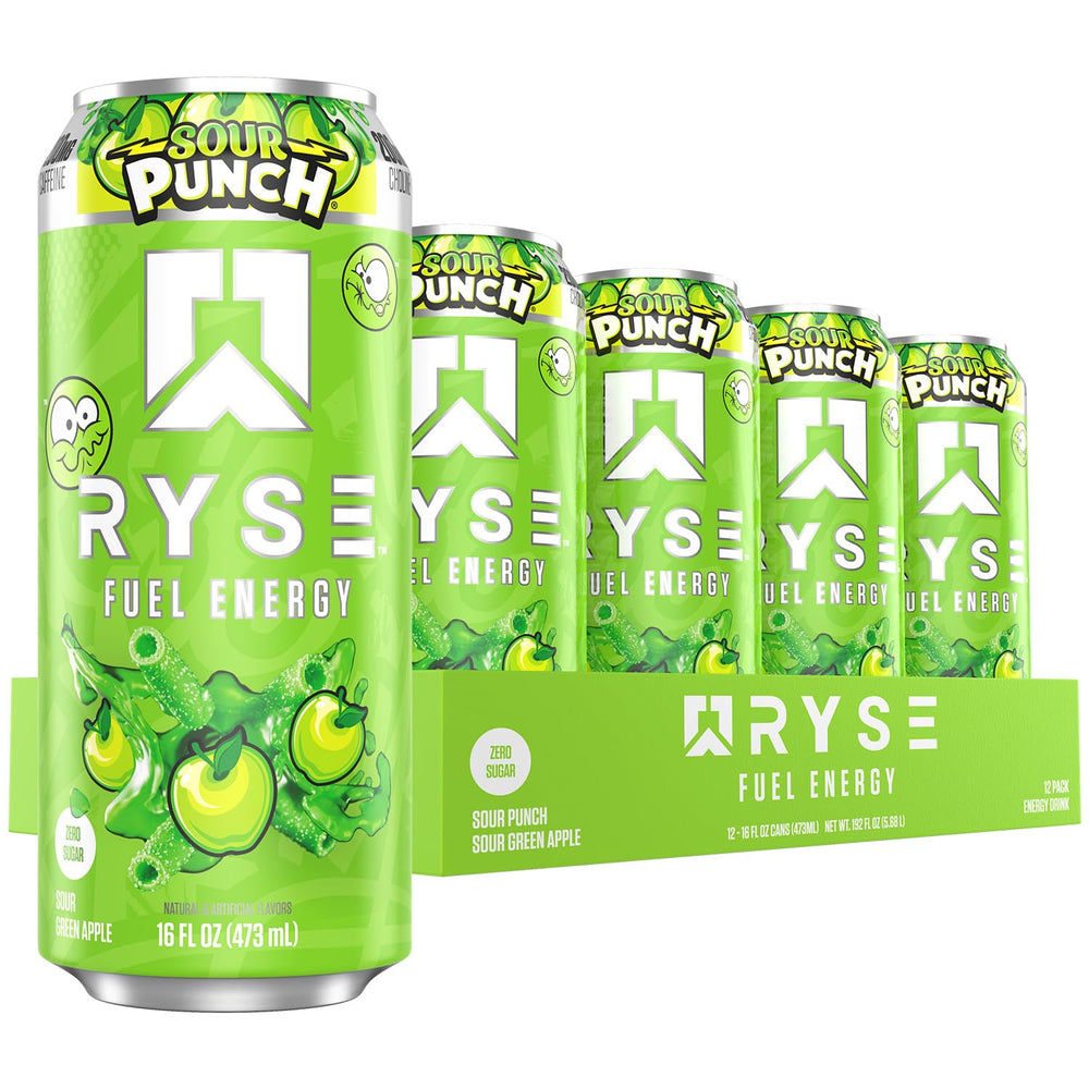 RYSE Up Supplements front can showing sour punch green apple flavor and bold branding benefits energy
