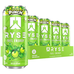 RYSE Up Supplements front can showing sour punch green apple flavor and bold branding benefits energy
