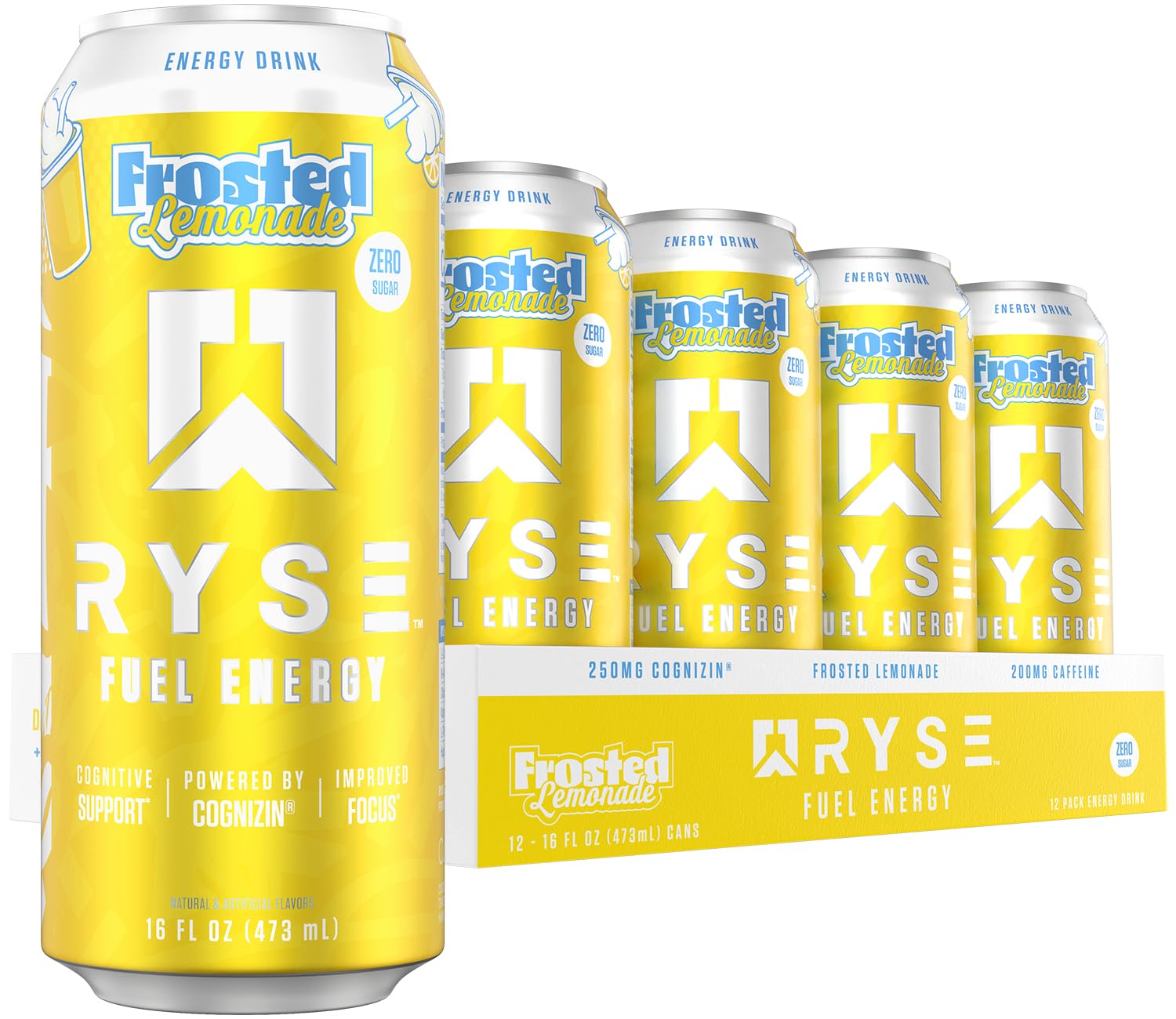 RYSE Up Supplements front can view showcasing Frosted Lemonade flavor and clean formula benefit