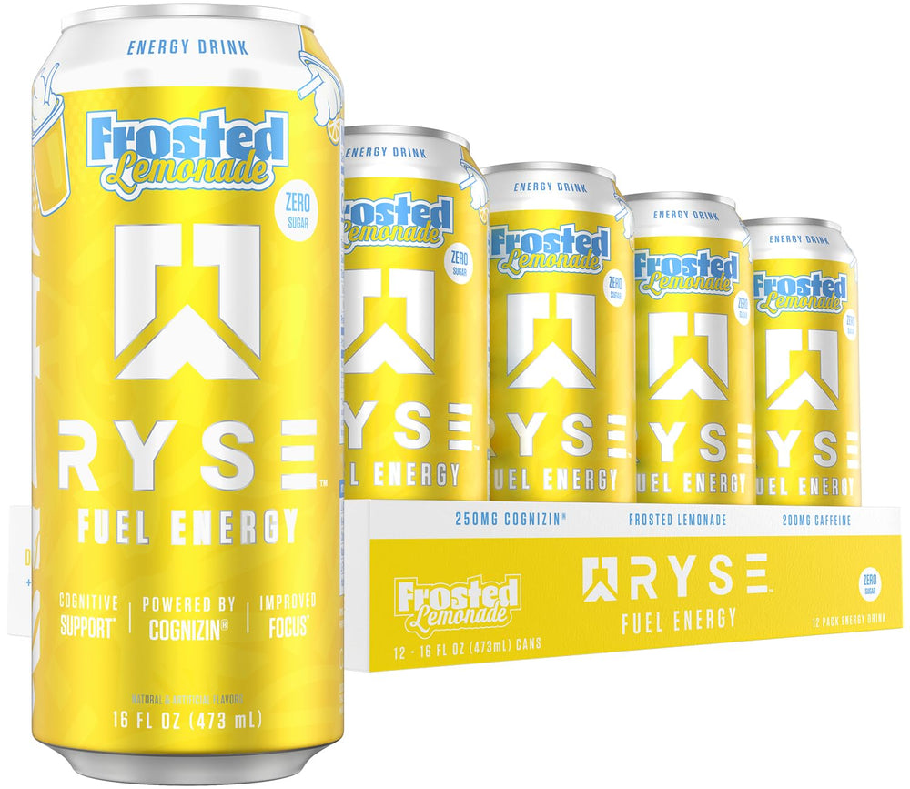 RYSE Up Supplements front can view showcasing Frosted Lemonade flavor and clean formula benefit