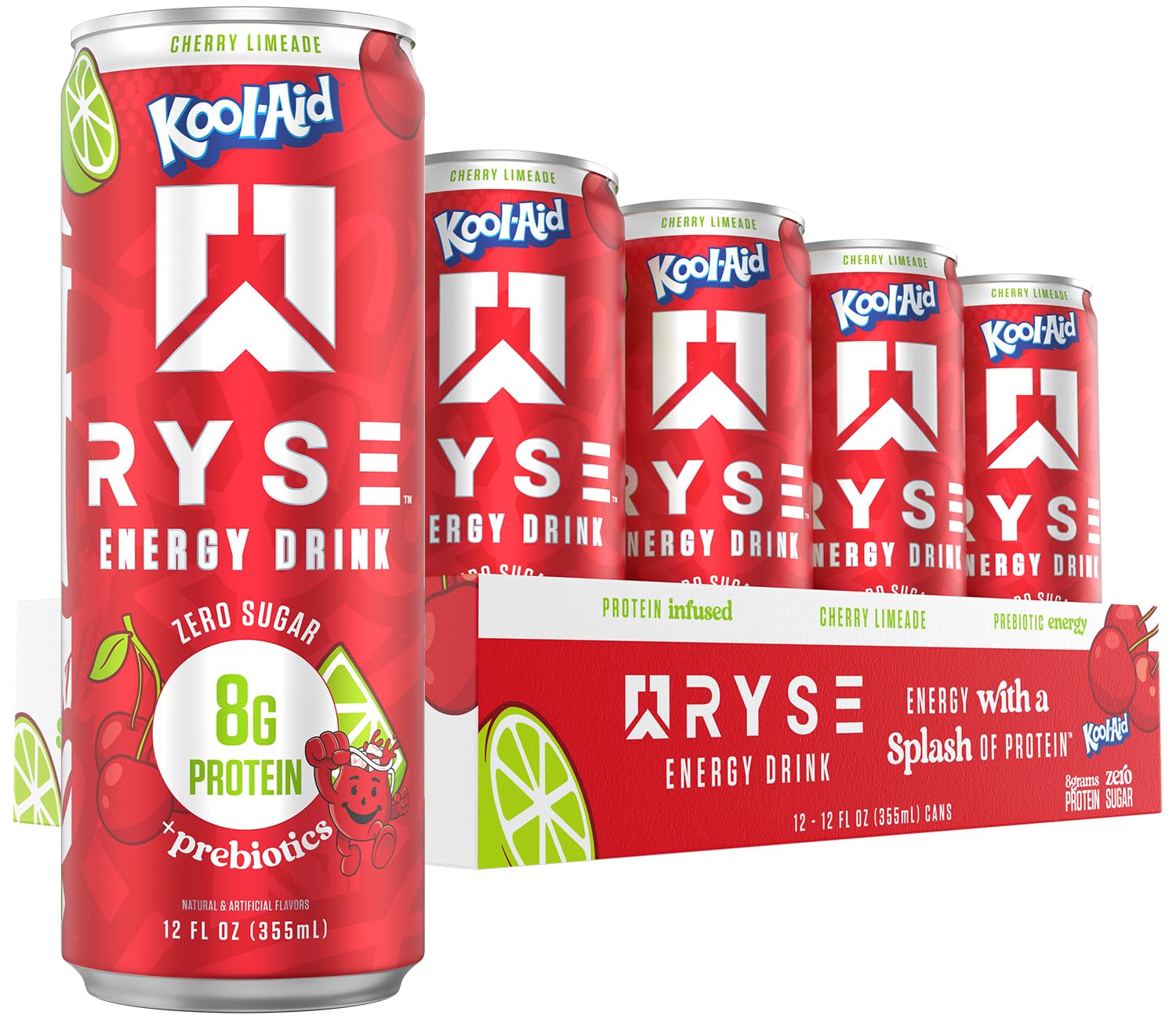 RYSE Up Supplements front can showing Kool-Aid Cherry Limeade flavor and benefits