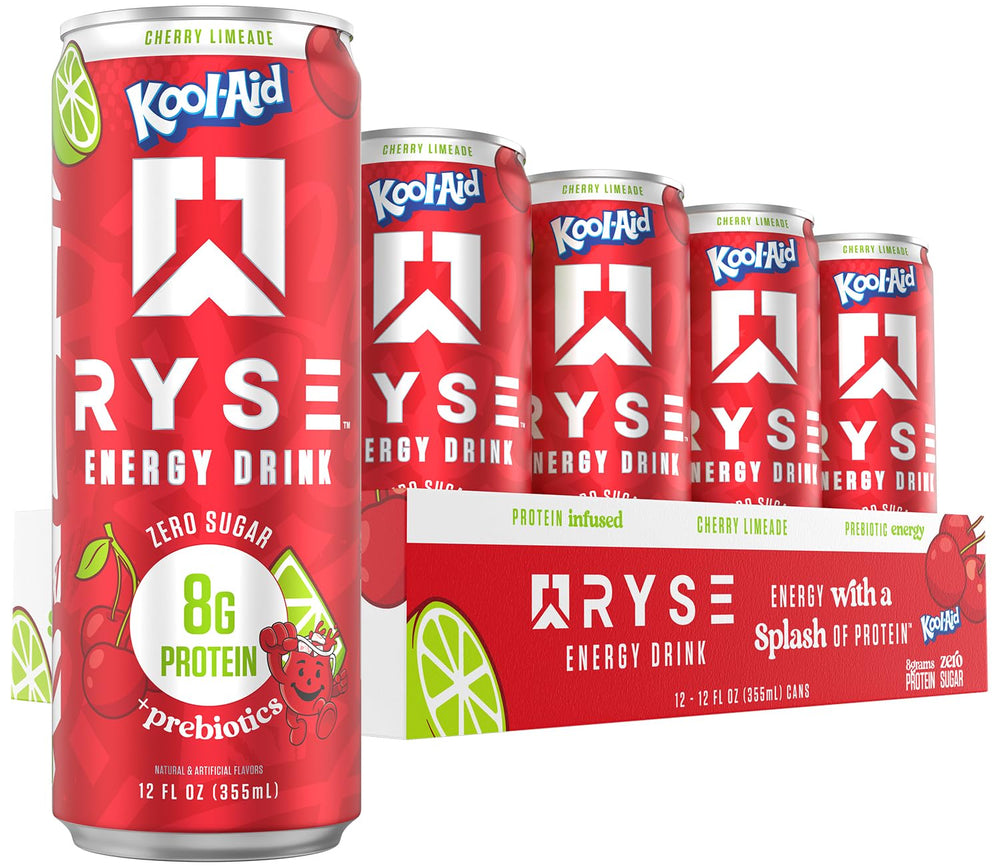 RYSE Up Supplements front can showing Kool-Aid Cherry Limeade flavor and benefits