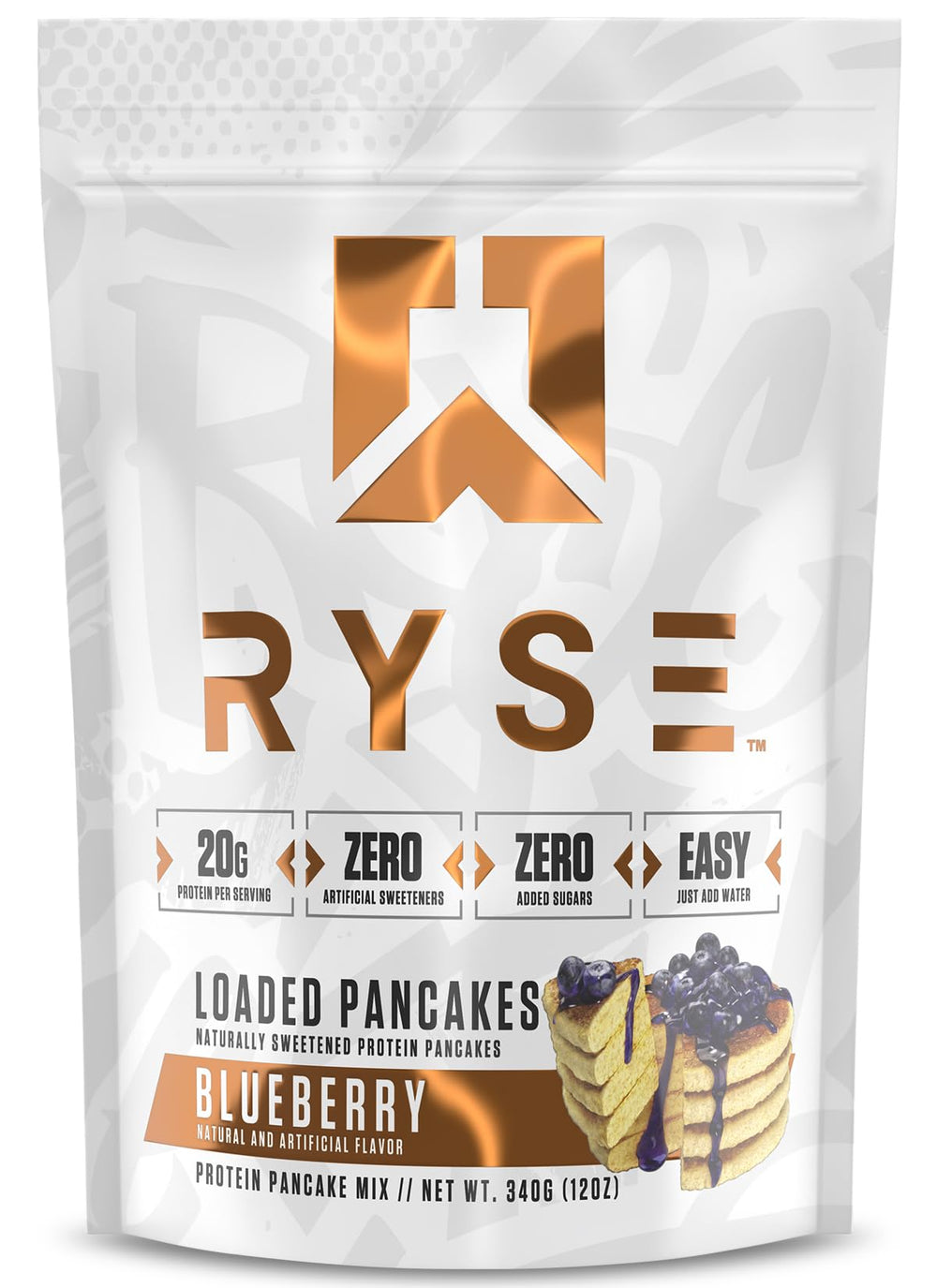 RYSE Up front packaging showing blueberry mix and protein benefits