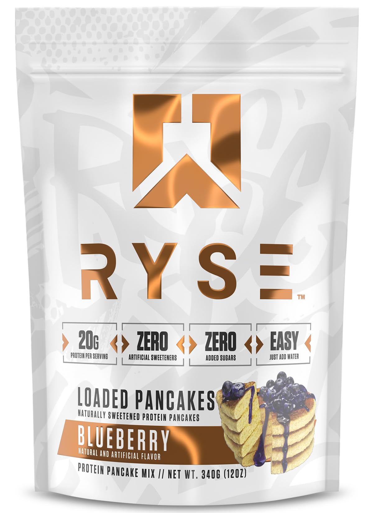 RYSE Up front packaging showing blueberry mix and protein benefits