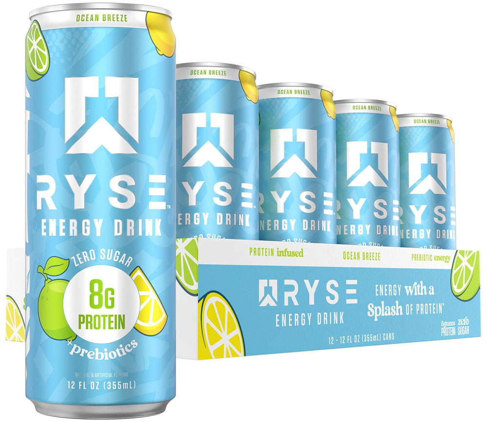 RYSE Up Supplements front can view showing Ocean Breeze branding and benefits