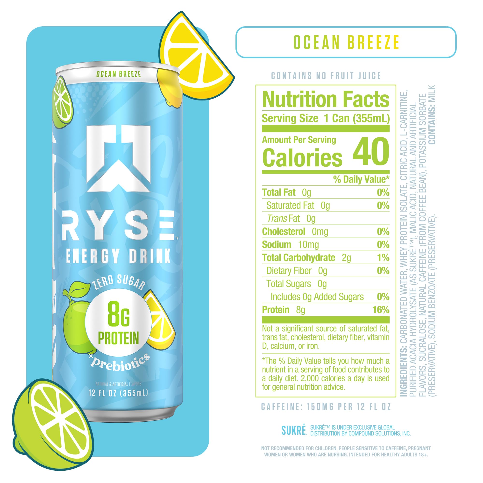 RYSE Up Supplements side label close-up highlighting 150mg caffeine and ingredients