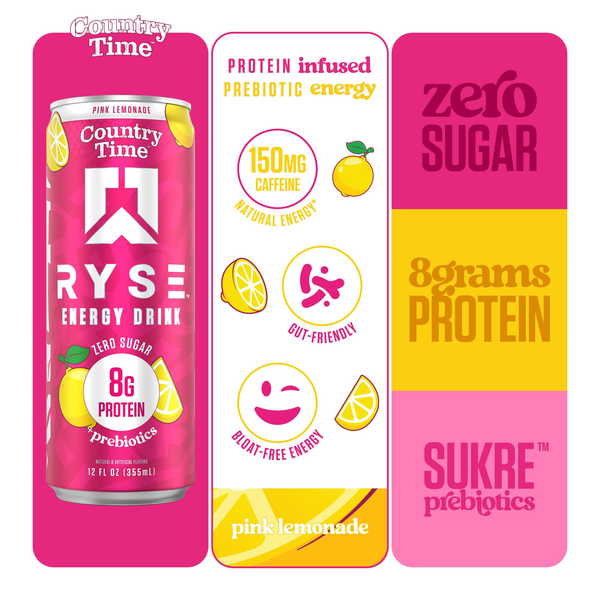 RYSE Up Supplements open can top view showing refreshing pink lemonade drink