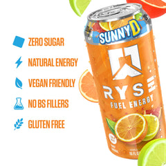 RYSE Up pouring into glass with bubbles illustrating refreshing, zero-sugar taste