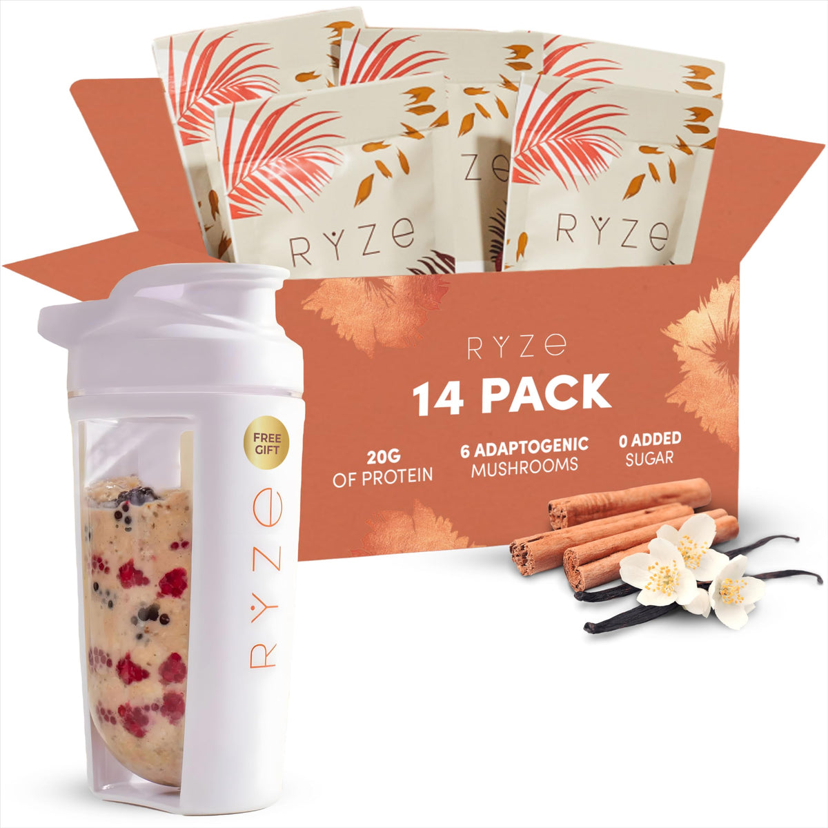 RYZE front packaging showing product name and protein benefit