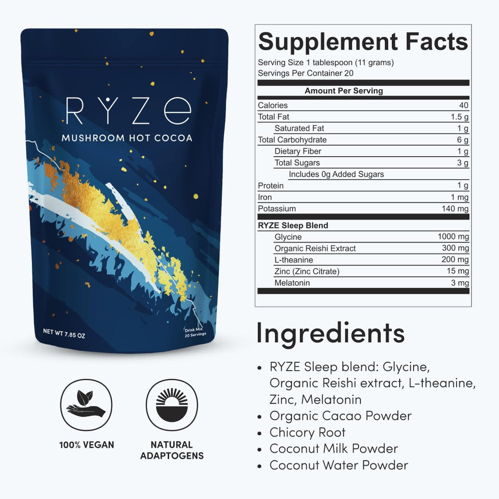 RYZE cup beside a bed and book showing nighttime ritual and calming routine benefit