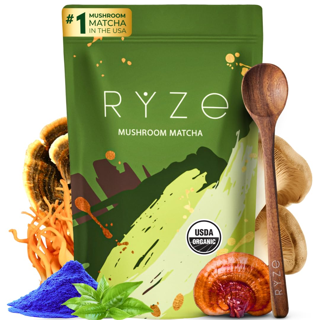 RYZE matcha front packaging showing organic blend and servings benefit clarity
