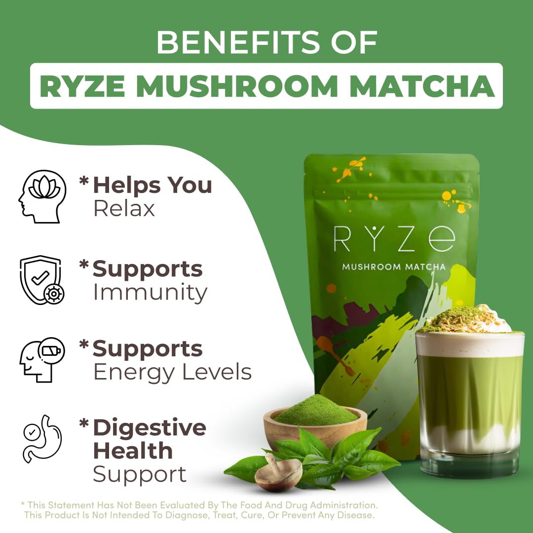RYZE matcha frothy latte in cup highlighting creamy texture and steady energy