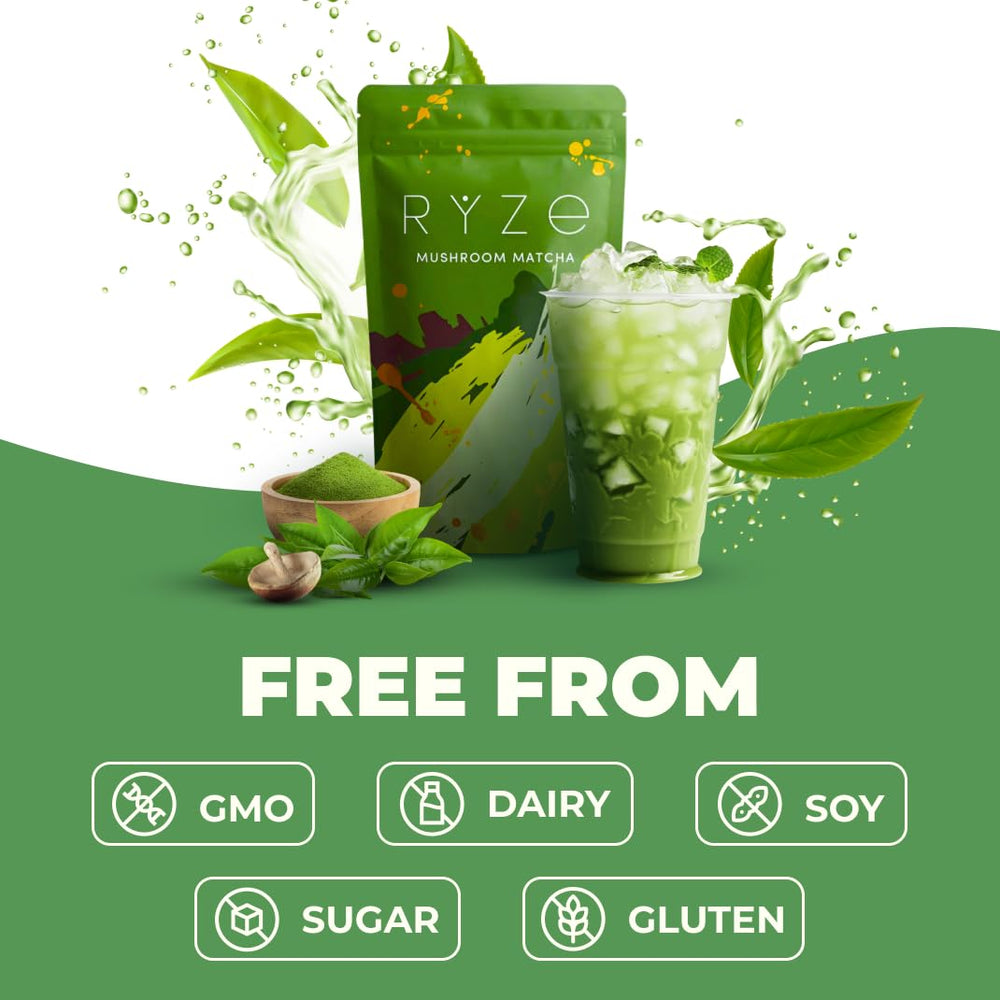 RYZE matcha label details showing ingredient list and USDA organic sourcing