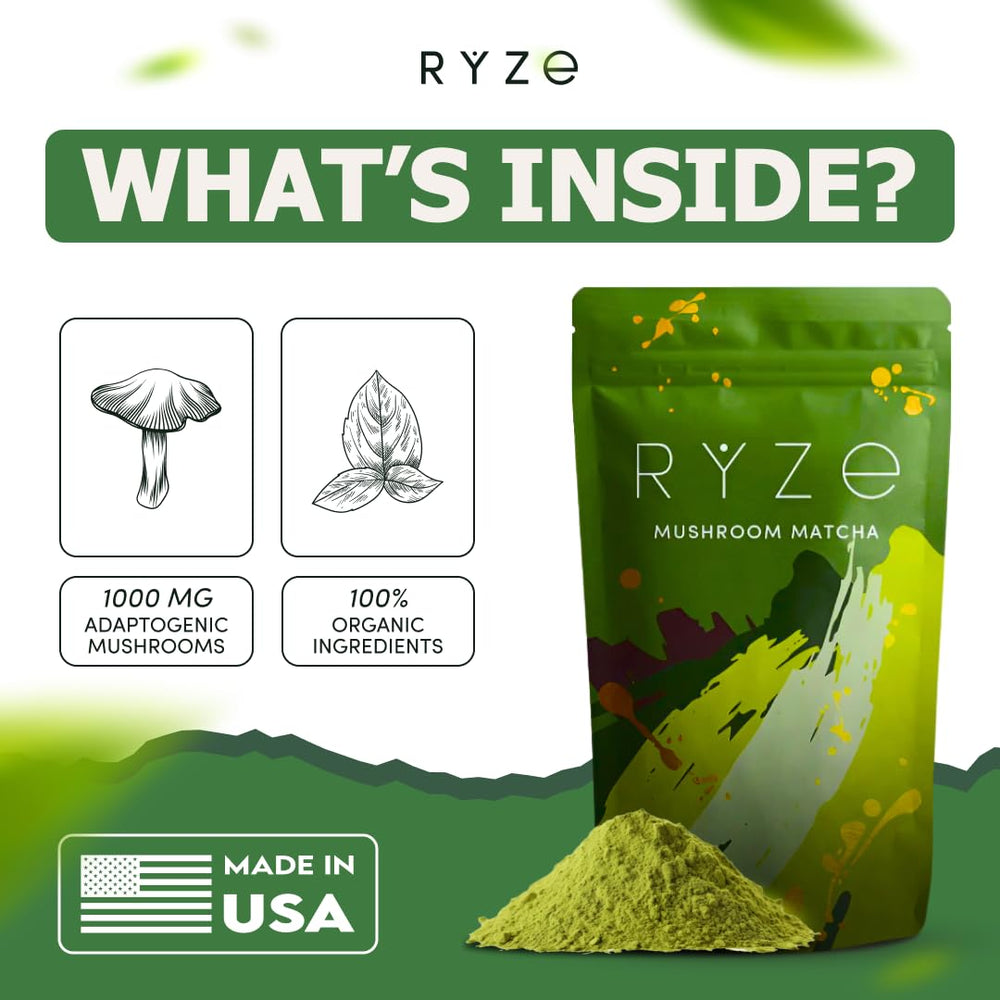 RYZE matcha close-up of mushroom blend pieces showing full-spectrum quality