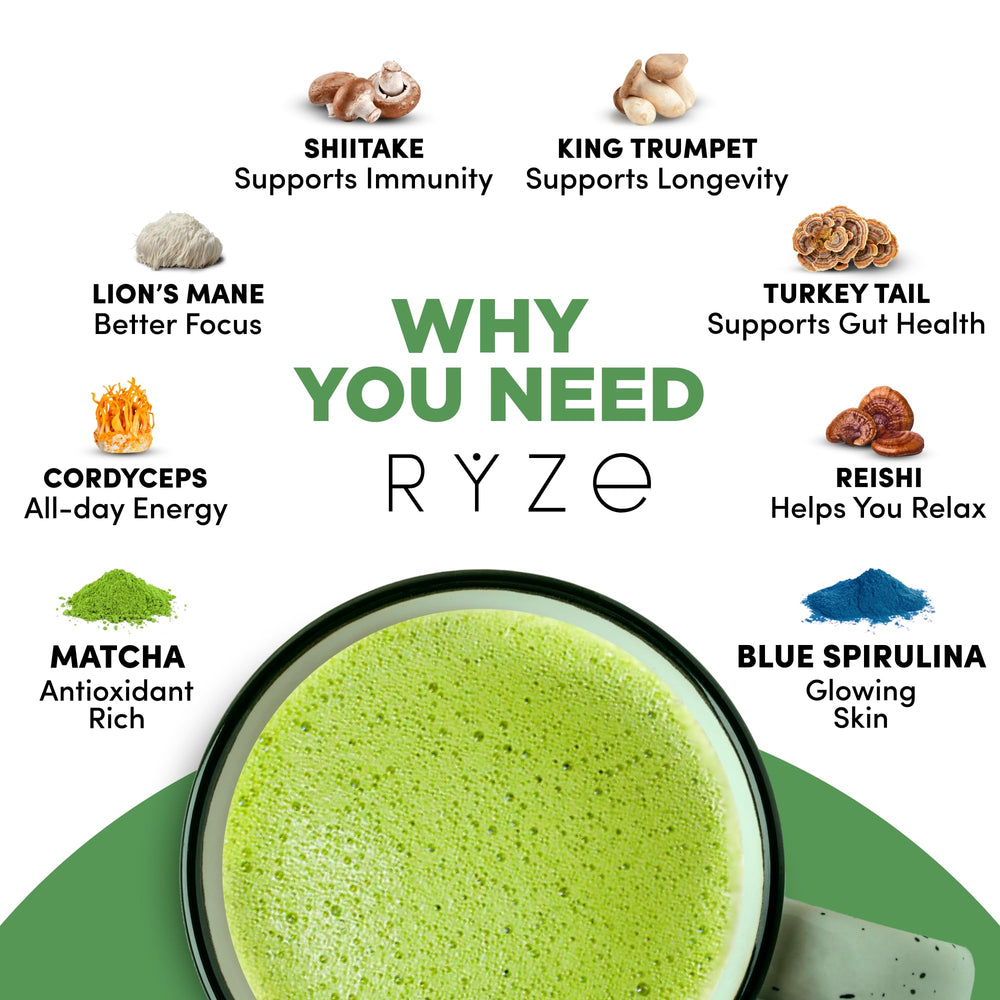 RYZE matcha open tin showing fine green-blue powder for smooth mixing