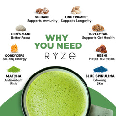 RYZE matcha open tin showing fine green-blue powder for smooth mixing