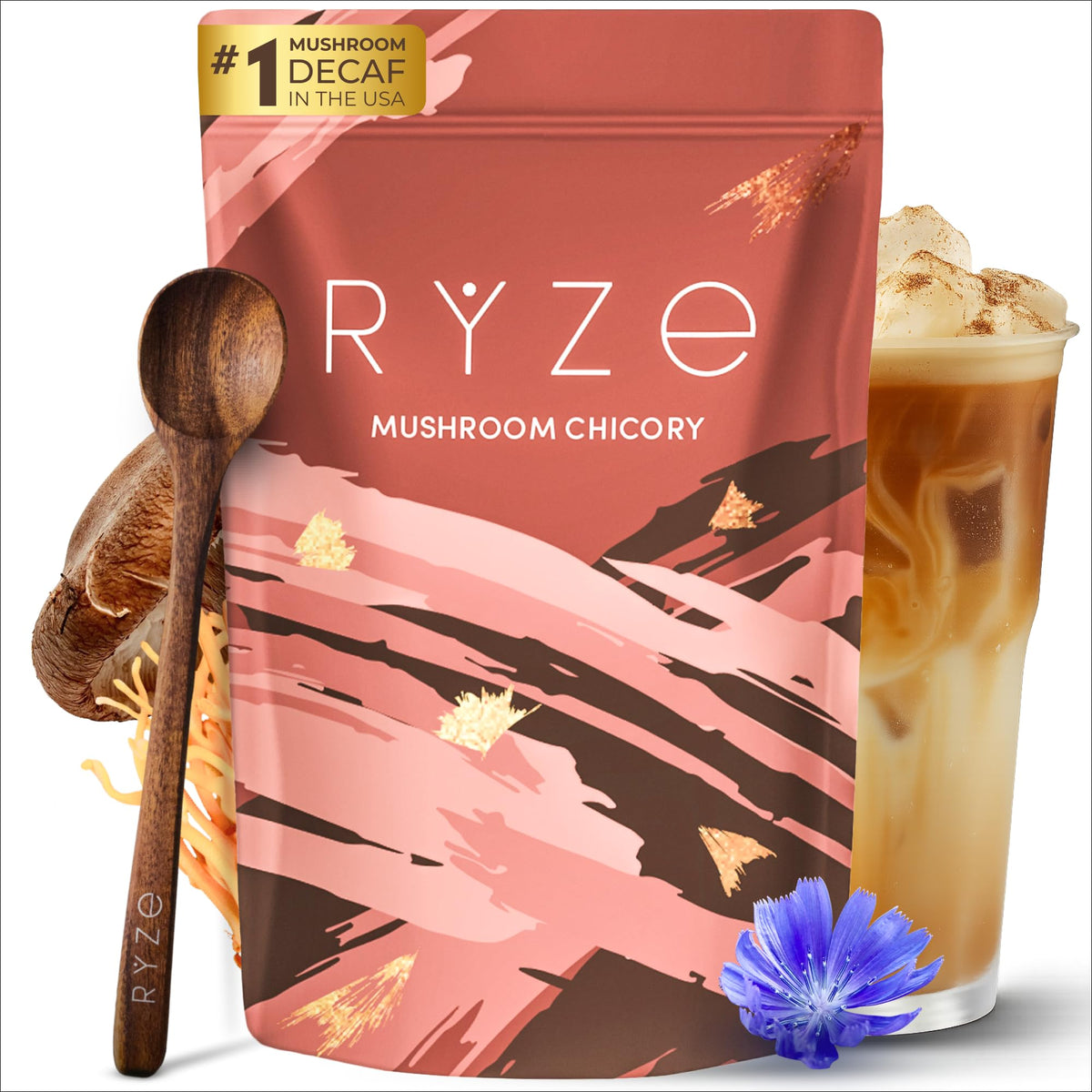 RYZE SUPERFOODS jar front packaging showing product name and serving count, clear benefit of decaf alternative