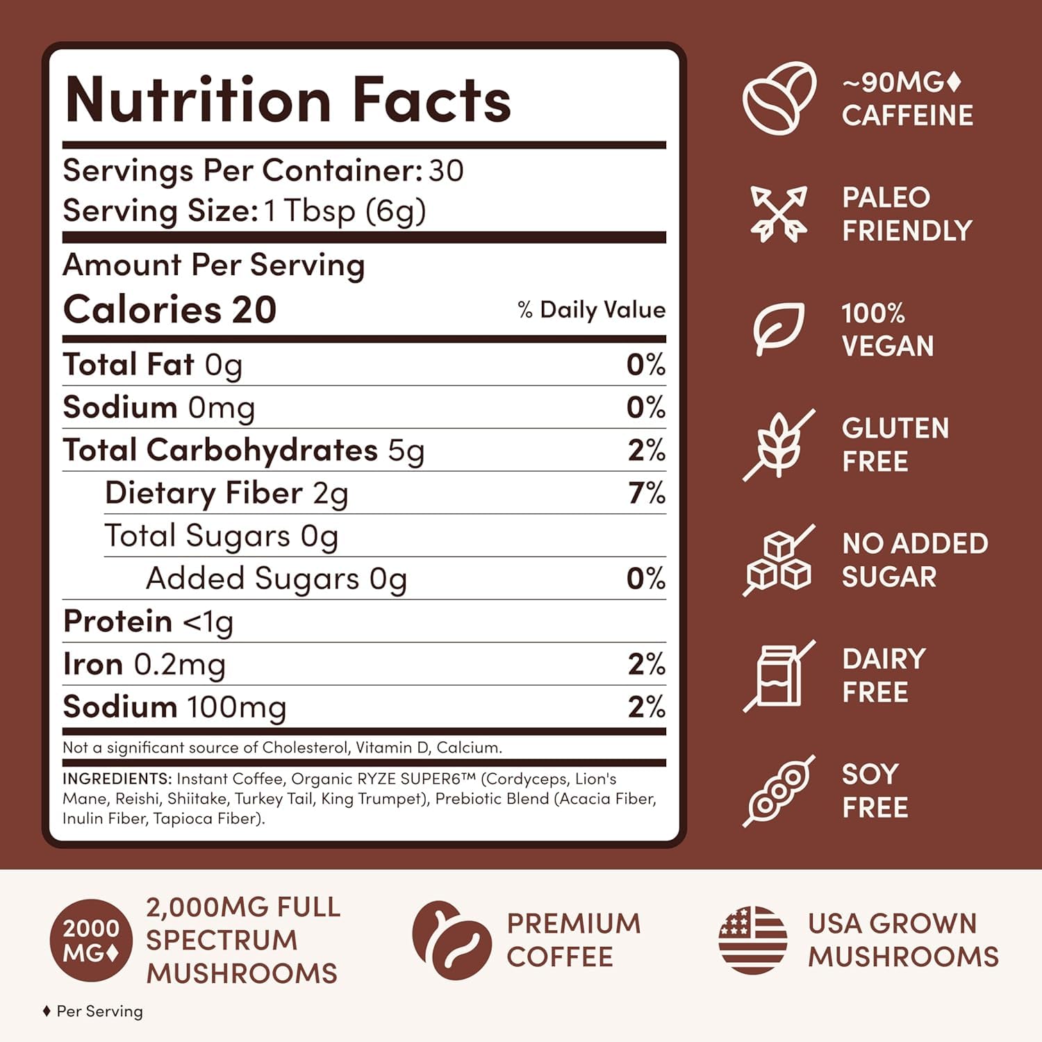 RYZE label close-up showing ingredient callouts and transparency benefit
