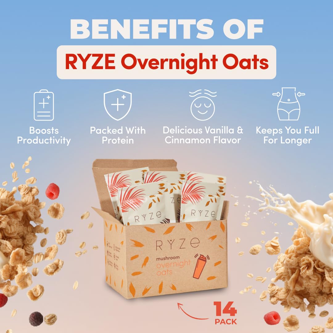 RYZE open packet close-up showing oat mix texture and chia benefits