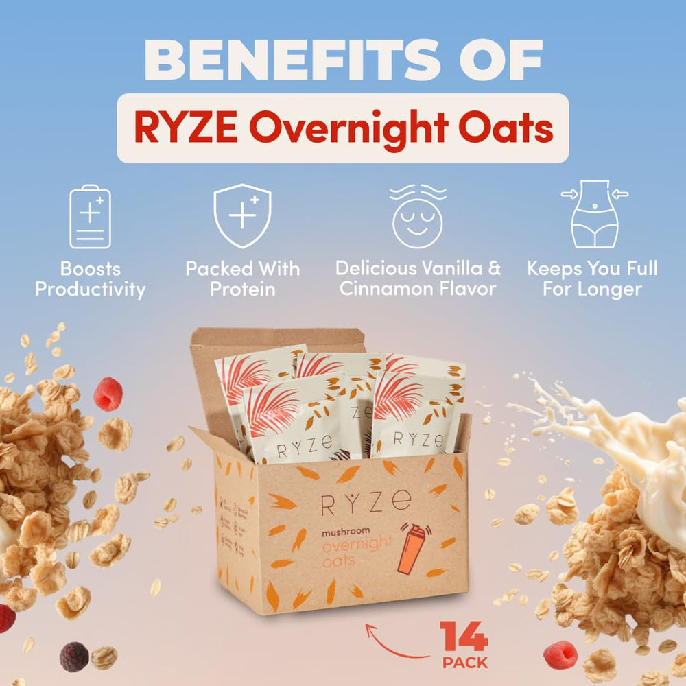 RYZE open packet close-up showing oat mix texture and chia benefits