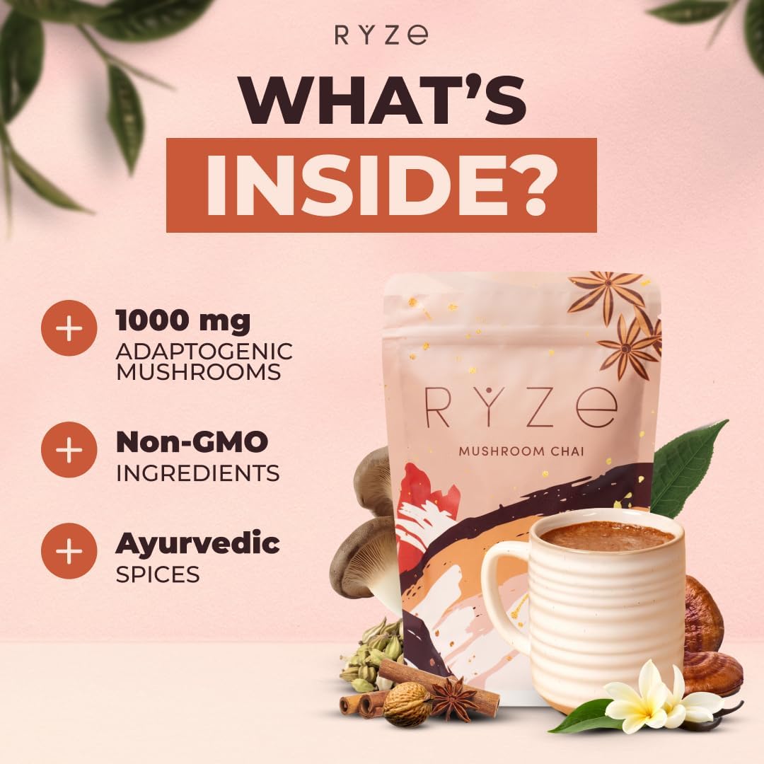 RYZE SUPERFOODS ingredient spread with mushrooms and spices showing organic sourcing