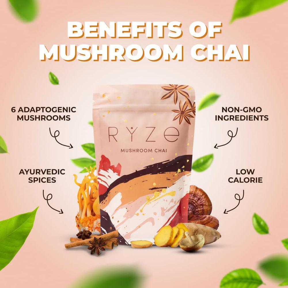 RYZE SUPERFOODS powdered chai texture close-up highlighting smooth mixability