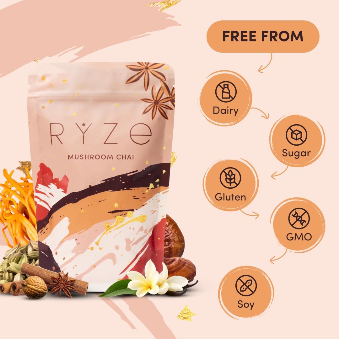 RYZE SUPERFOODS alongside a cup to show pouch size and serving scale