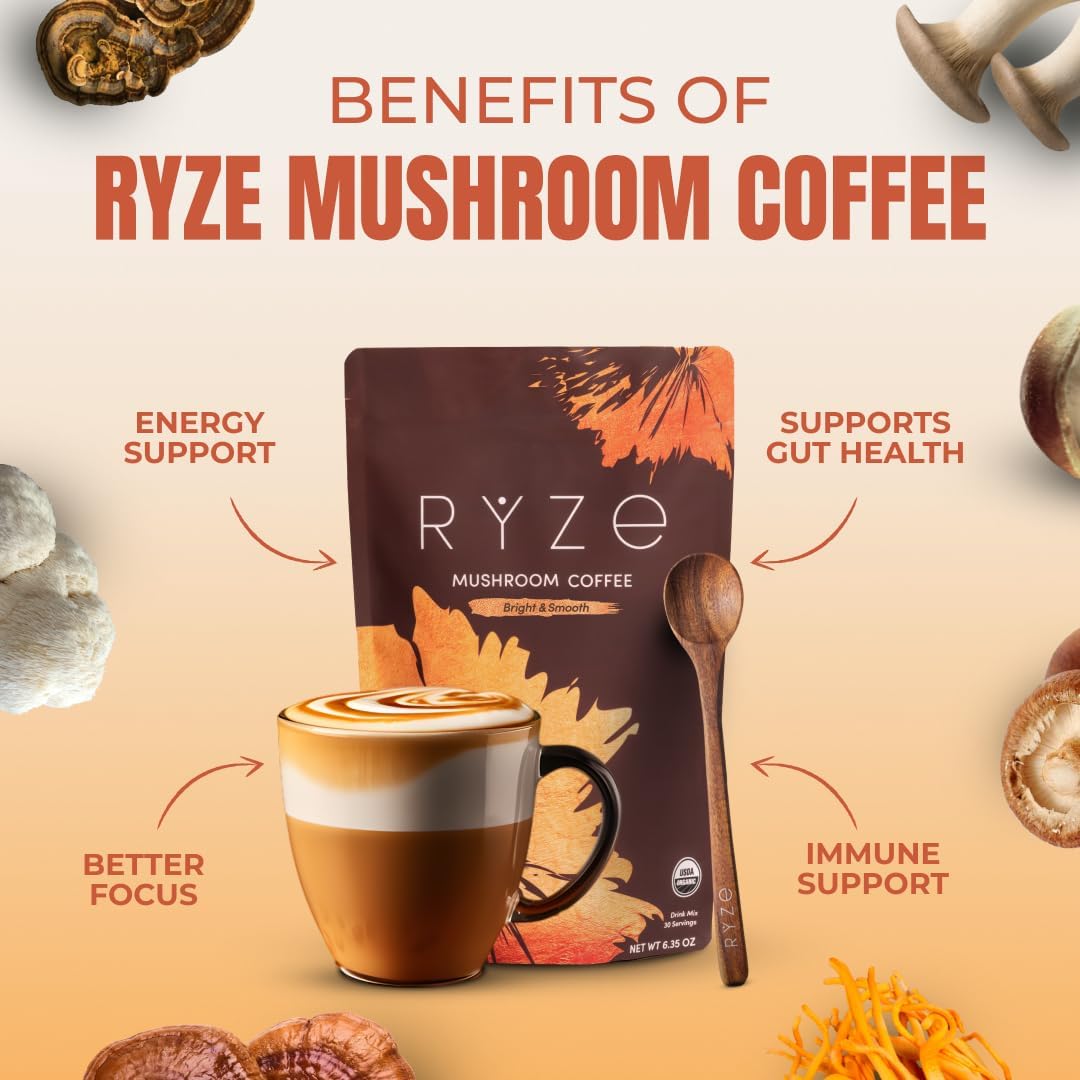 RYZE SUPERFOODS six functional mushrooms arranged to show ingredient diversity