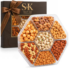 S&K Nut Co. front packaging of gourmet nuts tray showing boutique box and ready-to-serve benefit