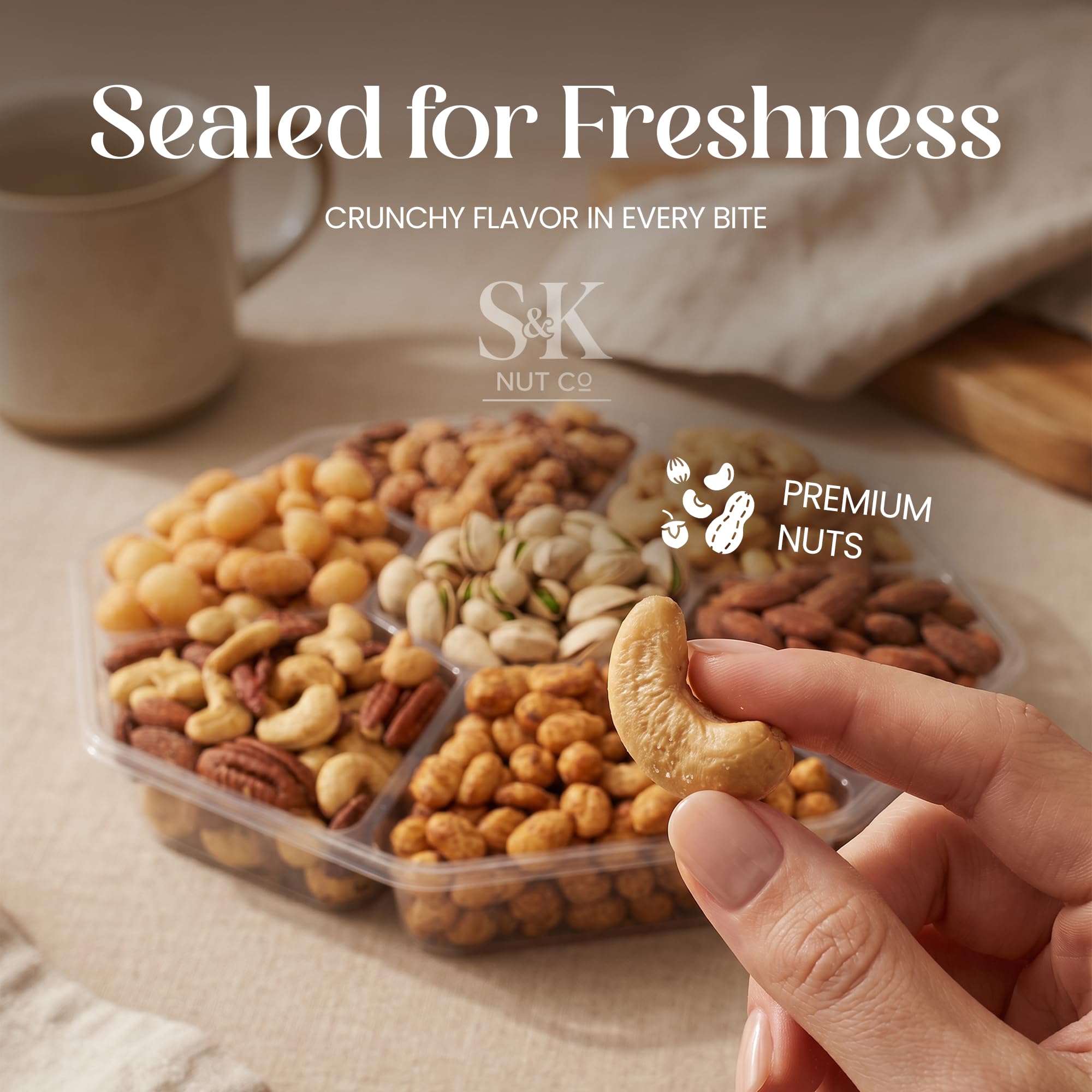 S&K Nut Co. tray placed on office desk for meetings showcasing convenience and presentation