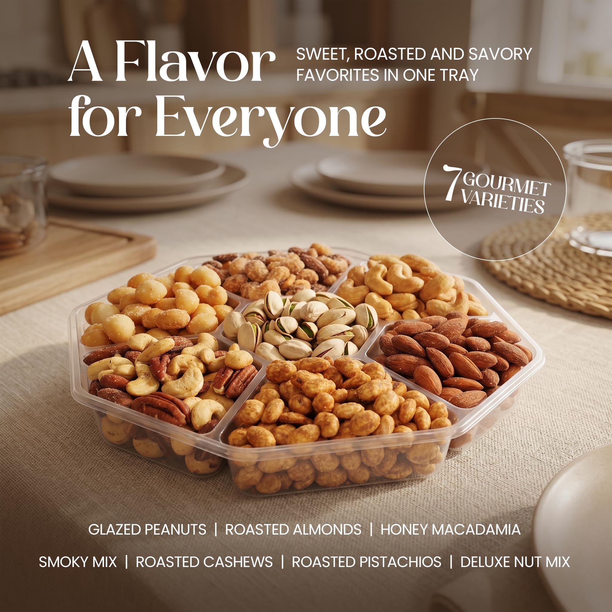 S&K Nut Co. top view of seven sealed compartments highlighting variety and freshness