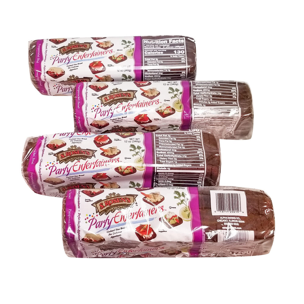 S. Rosen's front packaging showing four mini pumpernickel loaves and convenience