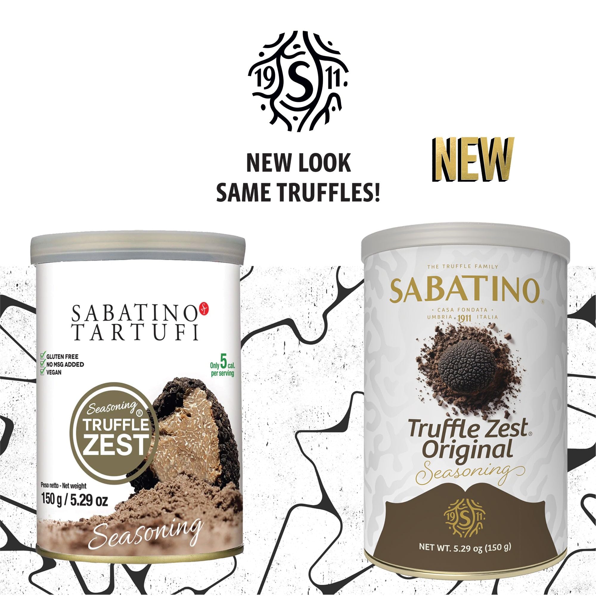 Sabatino Tartufi label close-up with kosher and non-GMO seals, assures quality