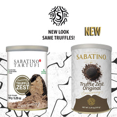 Sabatino Tartufi label close-up with kosher and non-GMO seals, assures quality