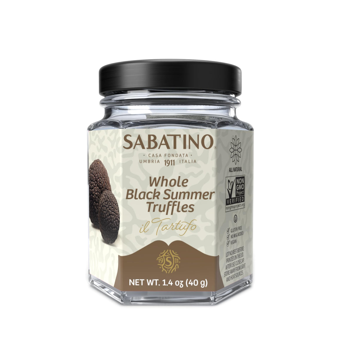 Sabatino Tartufi jar front showing whole black summer truffles and label benefit convenience