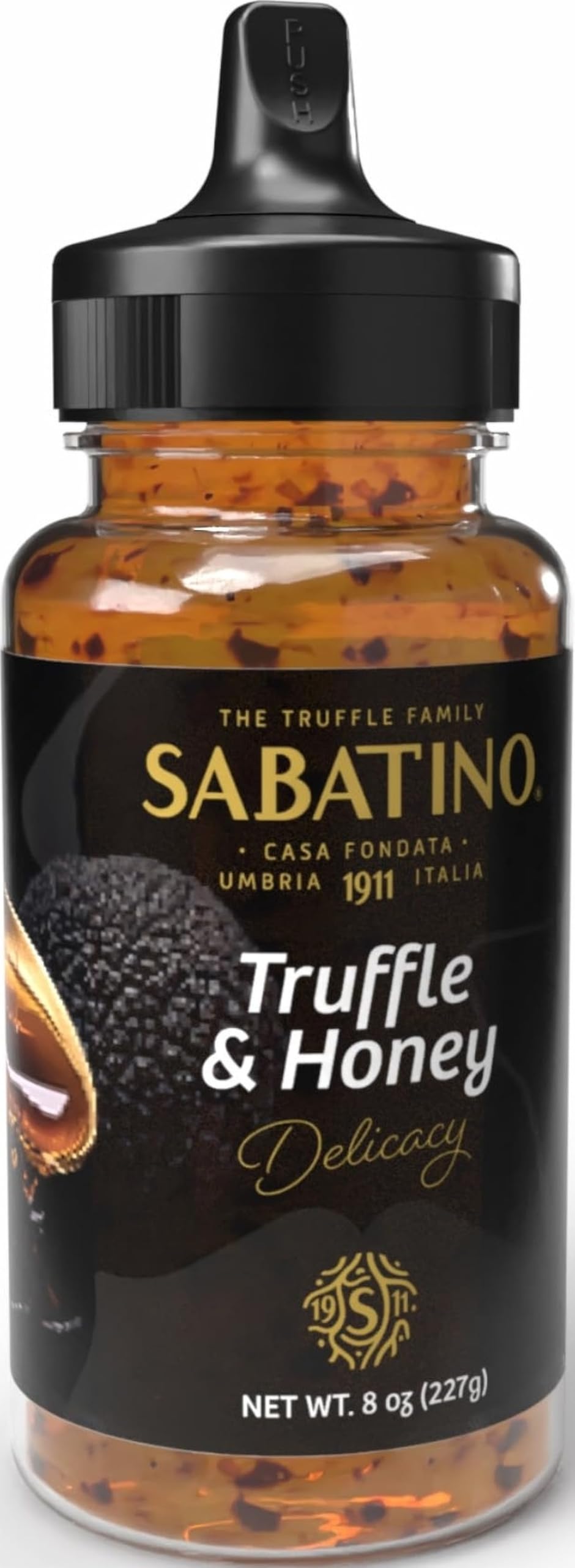 Sabatino Tartufi truffle honey front bottle showing label and squeeze cap for easy drizzling