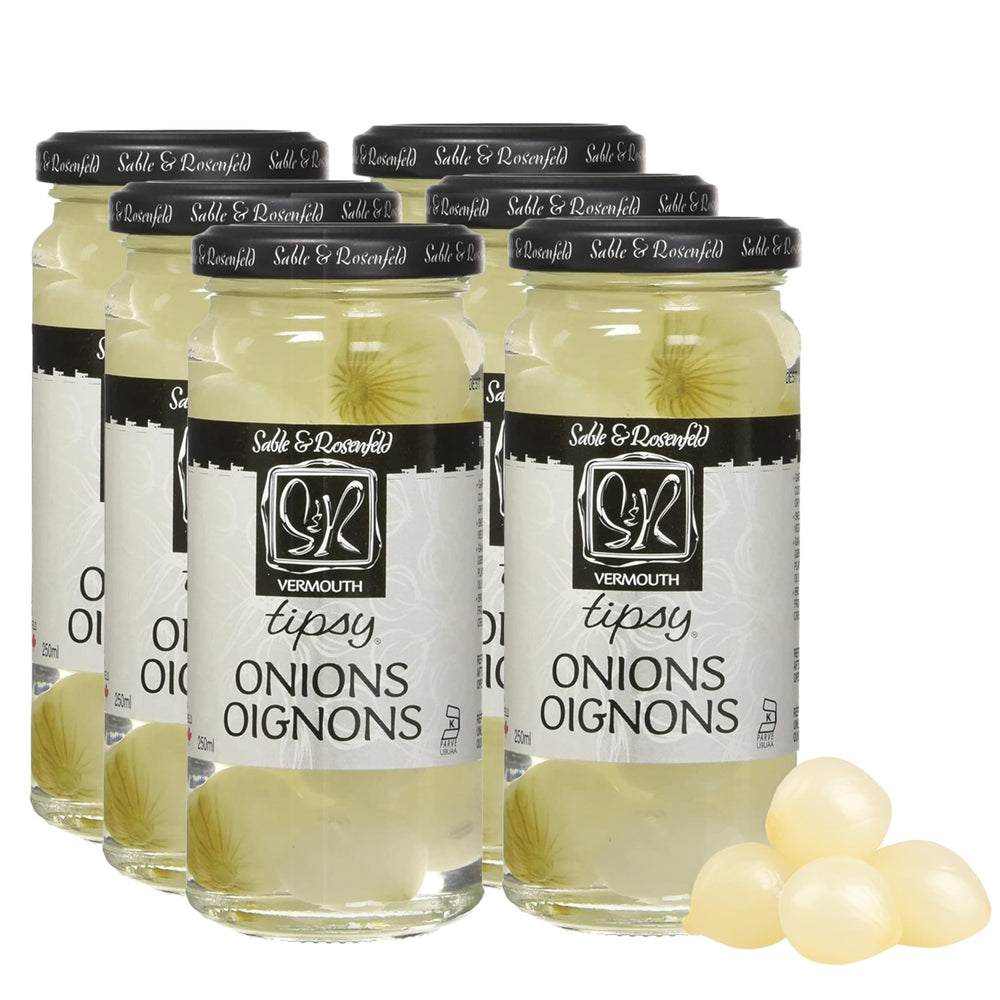 Sable & Rosenfeld jar front label showing premium vermouth onions, enhances cocktail presentation