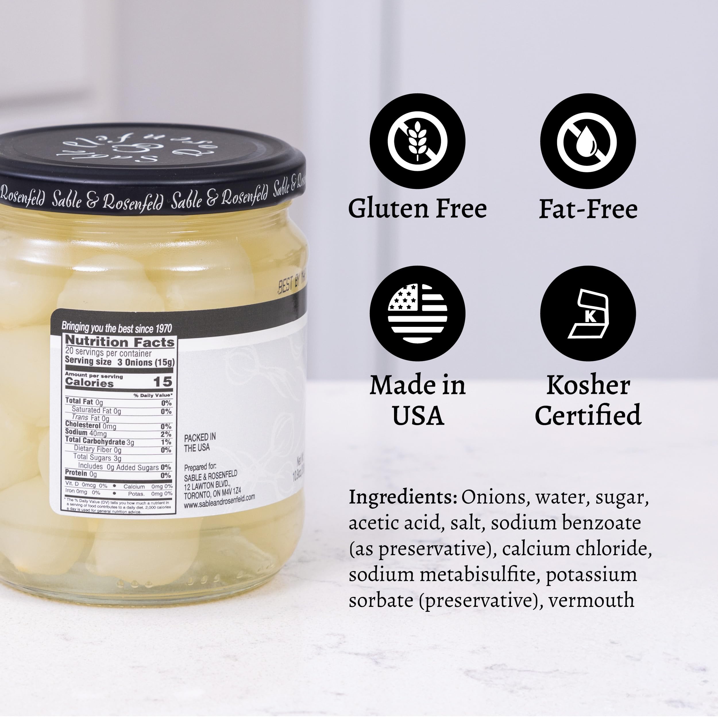 Sable & Rosenfeld label and ingredient list showcasing kosher and gluten-free benefits