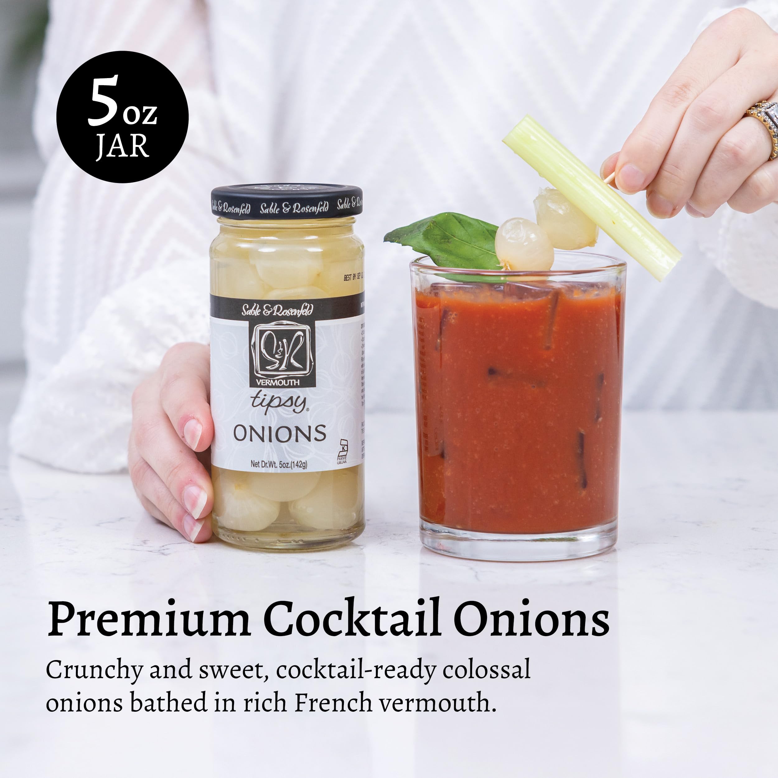 Close-up of Sable & Rosenfeld onion texture, highlighting crunchy bite for cocktails
