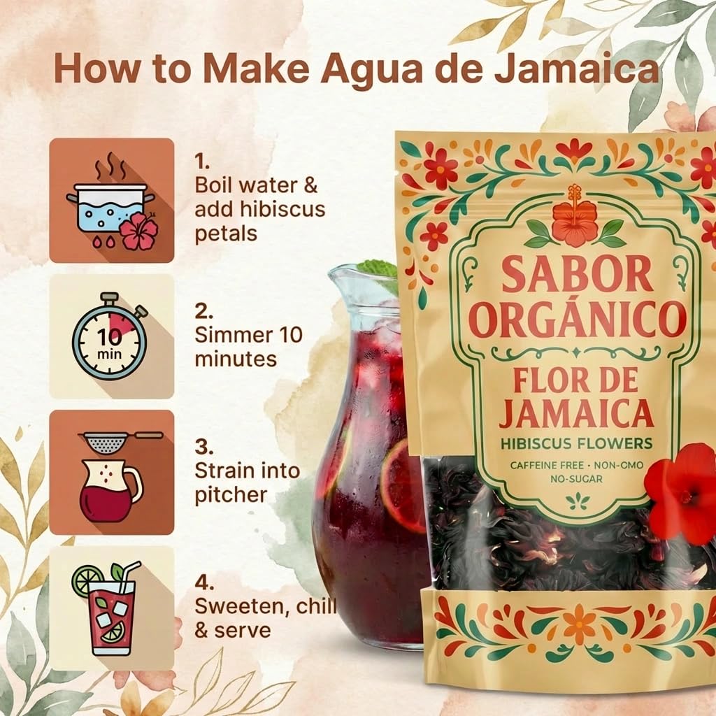 Sabor Orgánico pitcher brewing agua de jamaica illustrating rich red color and easy preparation