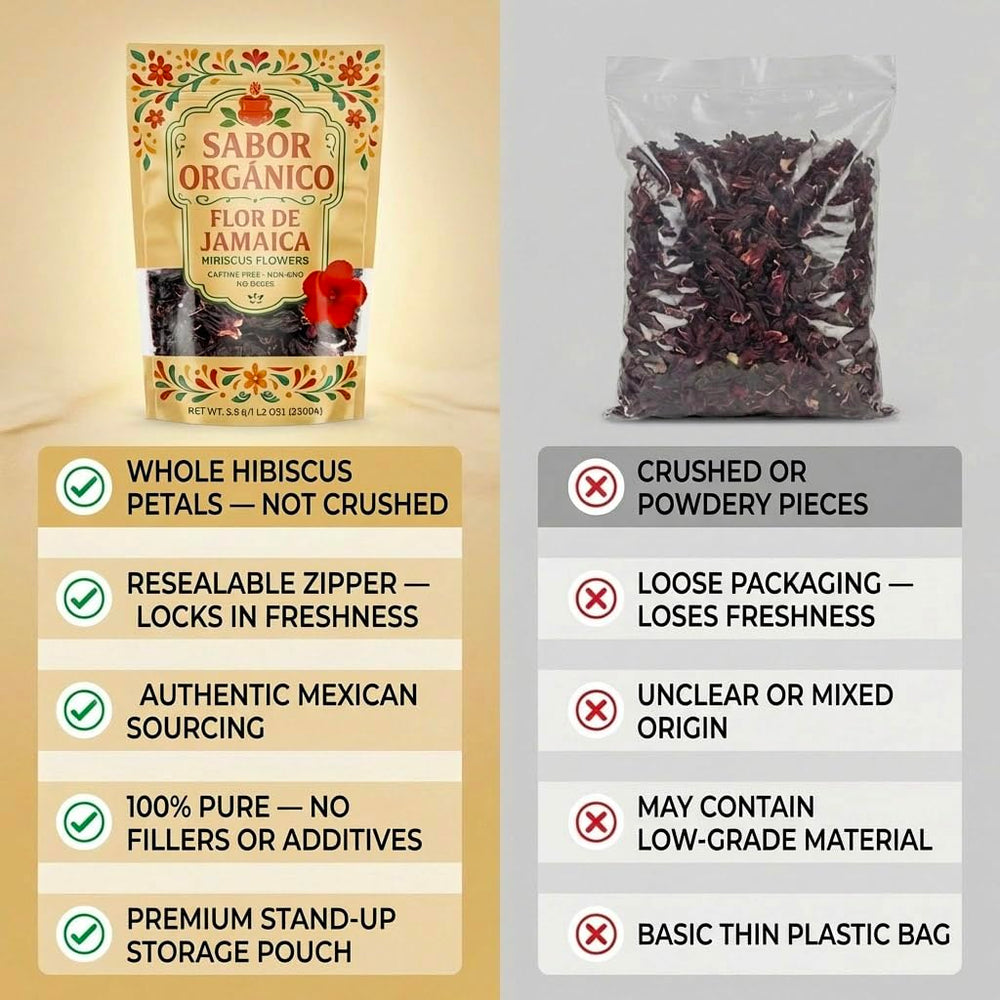 Sabor Orgánico close-up of dried hibiscus petals highlighting vibrant color and aroma