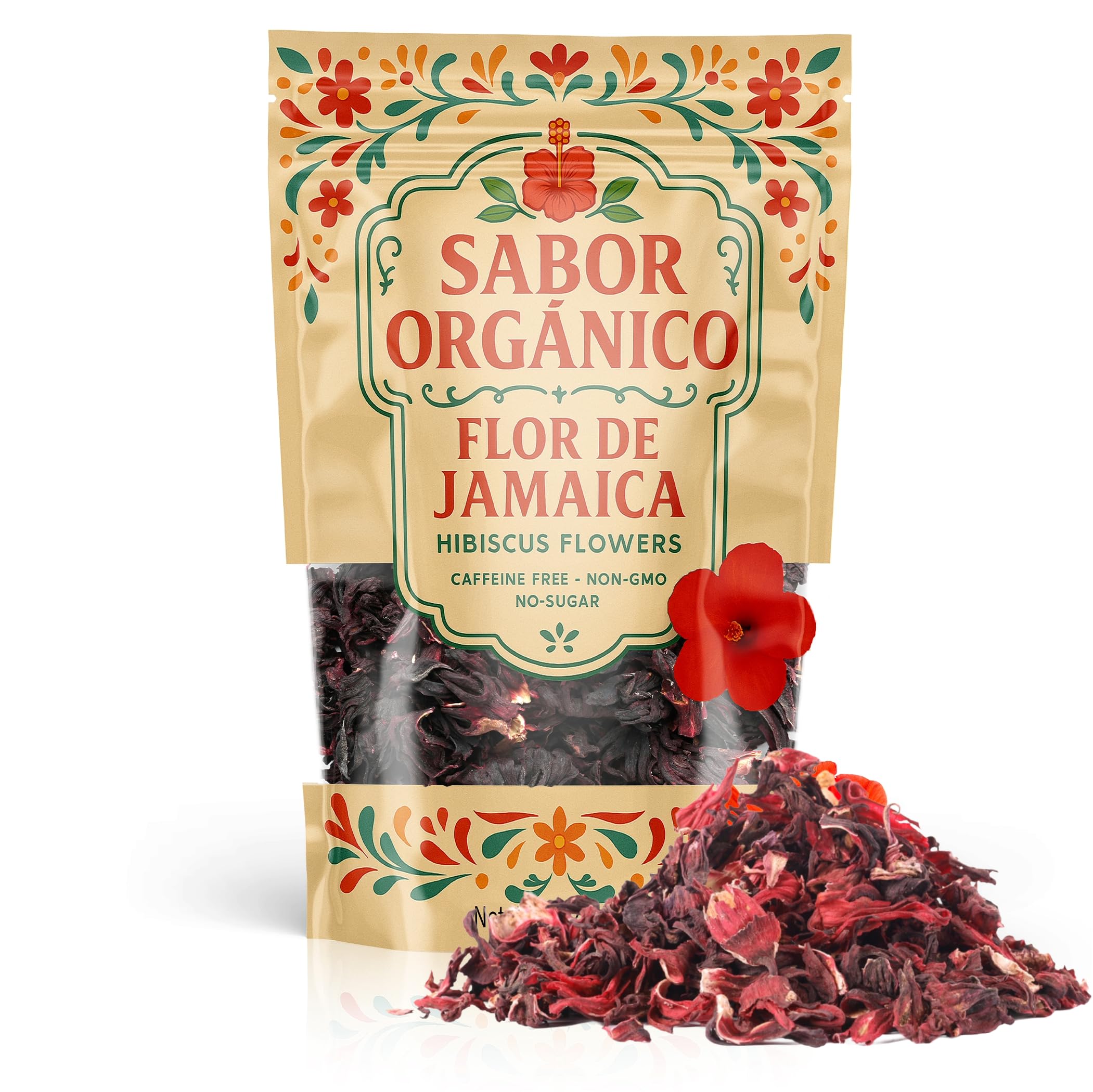 Sabor Orgánico front pouch showing 1lb resealable hibiscus package and branding benefits