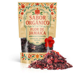 Sabor Orgánico front pouch showing 1lb resealable hibiscus package and branding benefits