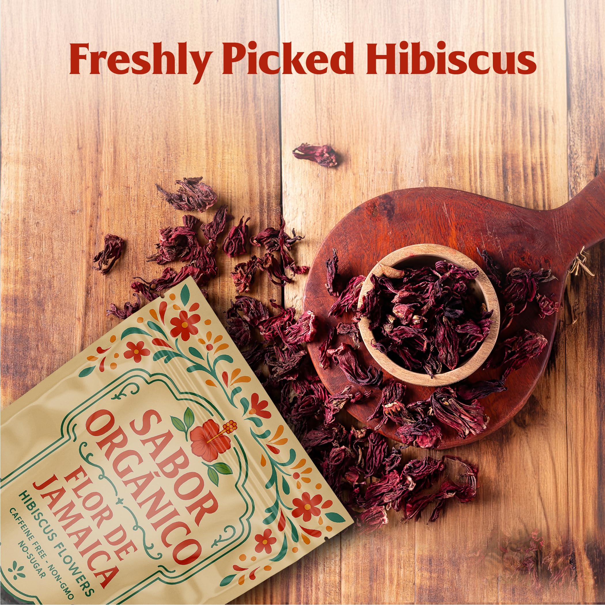 Sabor Orgánico measuring cup with hibiscus demonstrating 1lb bulk size for frequent use