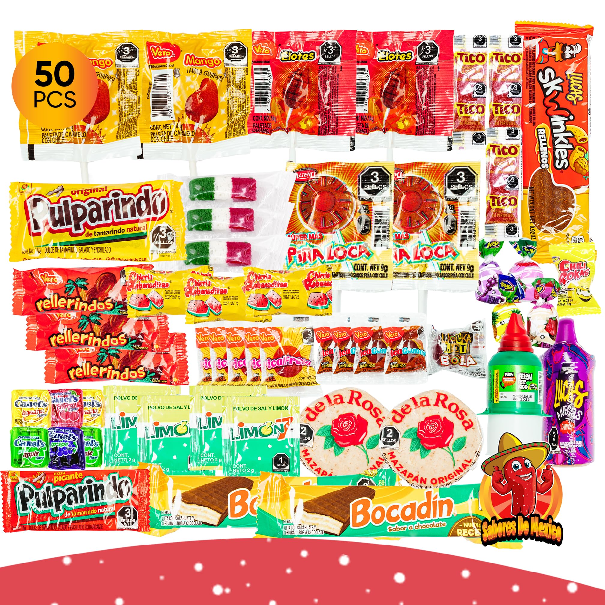 Sabores De Mexico front packaging showing 50-count assortment and vibrant branding, appealing gift