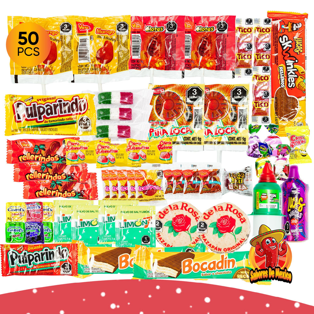 Sabores De Mexico front packaging showing 50-count assortment and vibrant branding, appealing gift